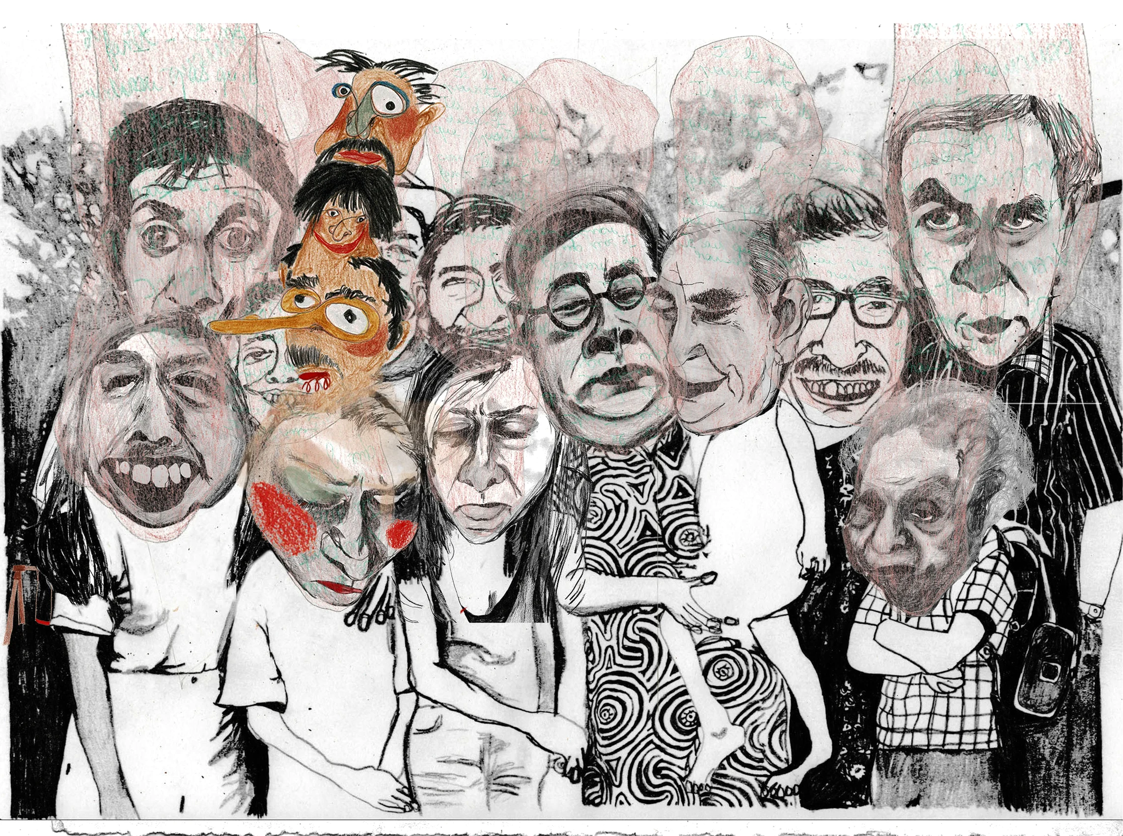 Drawn group portrait: cartoon faces in pencil and coloured pencil laid over a photograph of a crowd.